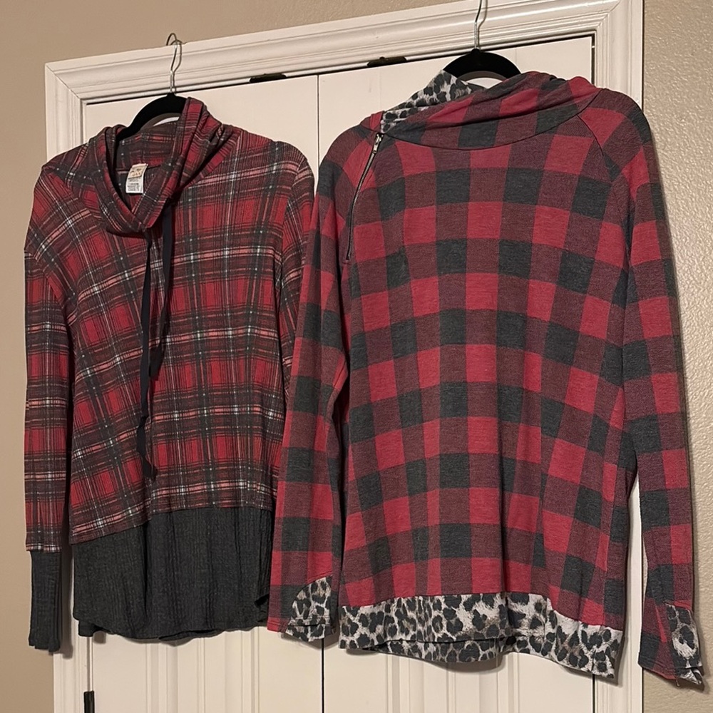 7th Ray Red and Gray Plaid Cowl Neck Sweater